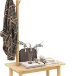 Coat Rack with End Table, Solid Wood Coat Tree with 2-in-1 Side Table & 4 Hooks for Hats, Bags & Coats, Freestanding Hanger Stand Hall Tree for Entryway, Bedroom, Living Room (Natural)