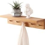 Coat Rack Shelf Wall Mounted Oak Wood Entryway Shelf with 5 Hooks Wall Coat Hook Rack with Floating Shelf for Bedroom, Living Room, Kitchen (Natural,20 inch)