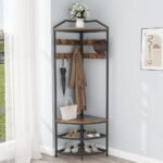 Corner Hall Tree with Shoe Bench Entryway Coat Rack with 10 Metal Movable Hooks Floor Standing Clothes Rack Shoes Shelf Organizer for Home Office Bedroom (Rustic Brown)
