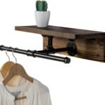 Wall Mounted Garment Rack with Top Rustic Burnt Solid Wood Shelf, Industrial Matte Black Metal Pipe Storage Clothing Hanger Rod and Display Shelf