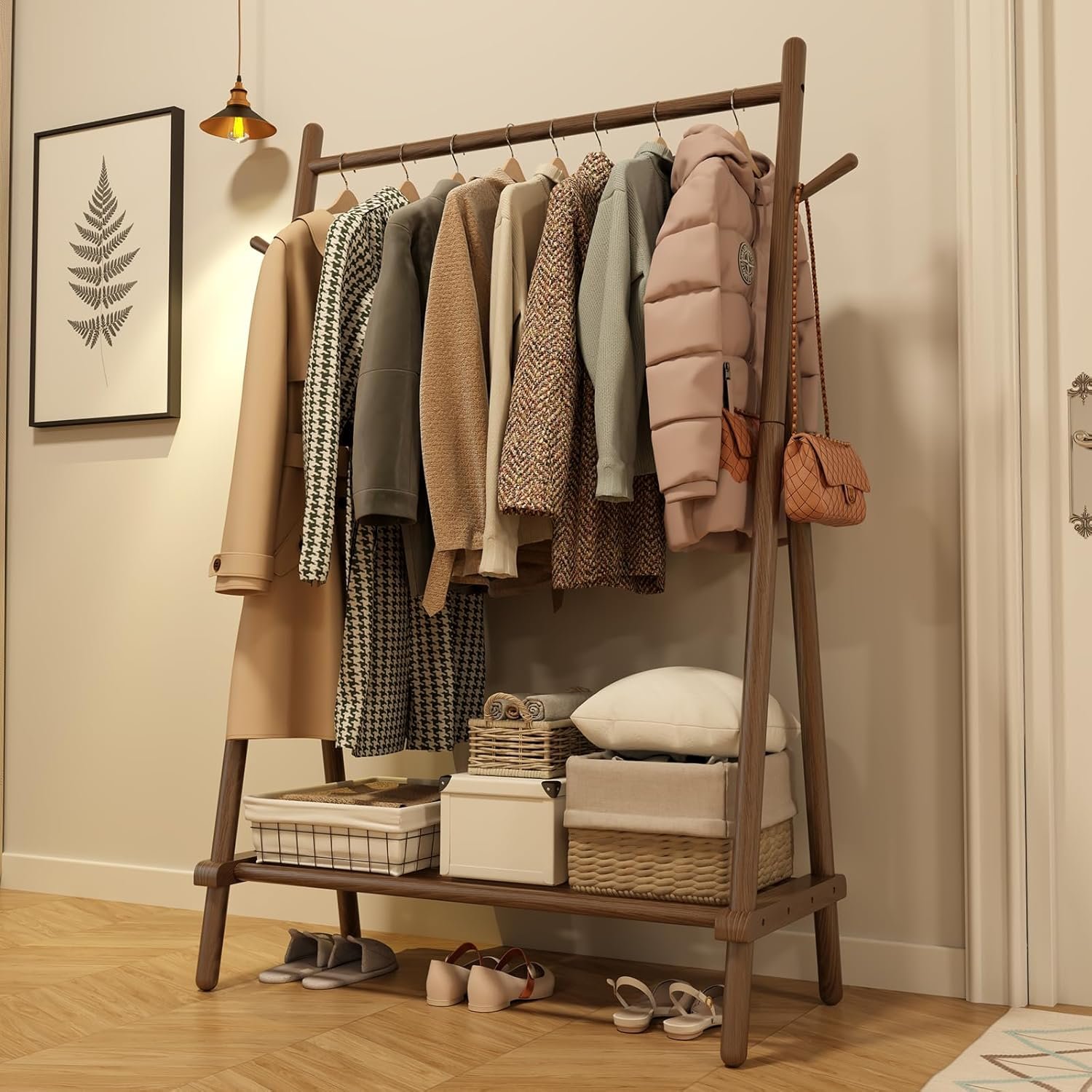 714sqG99DdL._AC_SL1500_.jpg Solid Wood Clothes Rack, Clothing Rack for Hanging Clothes, Hanging Racks for Clothes with Shelves Load 350 Lbs Garment Rack (Walnut) - Image 1