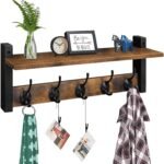 Wood Coat Rack with Wall-Mounted Shelf, Entryway Hanging Shelf with 5 Metal Hooks for Clothes, Hats, Towel, Purse, Robes - Rustic Brown