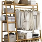 Bamboo Clothing Garment Rack 7 Tier Storage Shelf Coat Clothes Hanging Rack, Portable Wardrobe Closet Organizer With Top Shelf, Shoe Storage Shelves for Bedroom (Natural - 51.18 in)