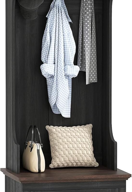 3-in-1 Hall Tree with Shoe Storage, Standing Coat Rack with Shoe Bench, Entryway Furniture with Three Hooks, Black Wood Grain