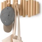 5 Hooks, Wall-Mounted Rail, Doubles as Art, Beveled Pine Wood Dowels, Natural Finish