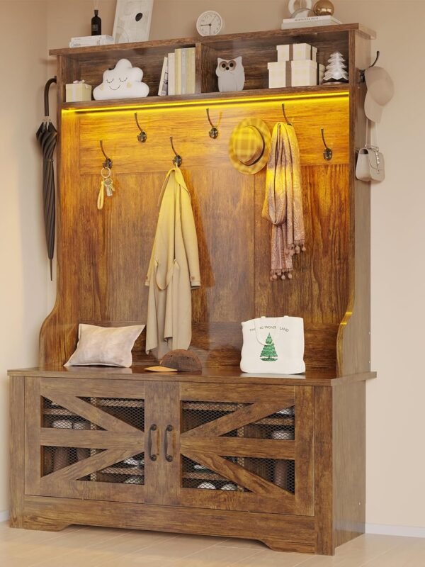 Hall Tree with Bench and Shoe Storage, 5-in-1 Entryway Bench with Coat Rack, 10 Shoe Cubbies & 9 Coat Hooks, Barn Door & Adjustable Shelf (Rustic Brown)
